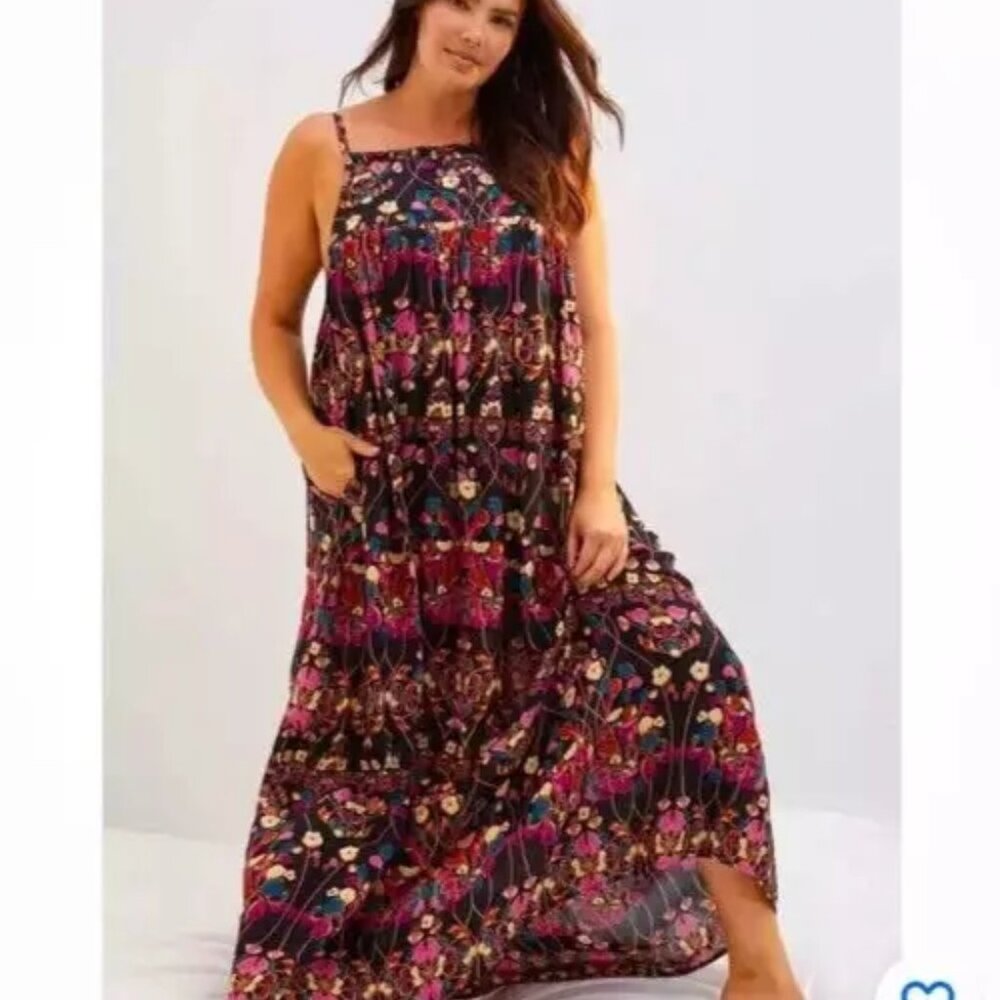 Anthropologie Black Floral Maxi Dress with Pink and Blue Accents